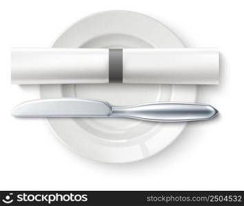 Clean plate with knife and napkin. Serving dish mockup isolated on white background. Clean plate with knife and napkin. Serving dish mockup