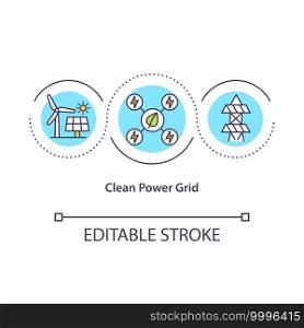 Clean power grid concept icon. Reducing green house emisson idea thin line illustration. Clean energy producing. Stop global warming. Vector isolated outline RGB color drawing. Editable stroke. Clean power grid concept icon