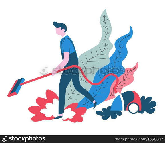 Clean service vacuum cleaning isolated abstract icon vector hoover cleaner in uniform and electric appliance plant leaves household chores and housekeeping house maintenance hoovering floor and carpet. Vacuum cleaning clean service isolated abstract icon