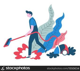 Clean service vacuum cleaning isolated abstract icon vector hoover cleaner in uniform and electric appliance plant leaves household chores and housekeeping house maintenance hoovering floor and carpet. Vacuum cleaning clean service isolated abstract icon