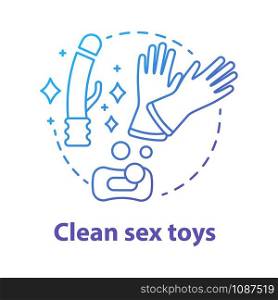 Clean sex toys blue concept icon. Safe sex. Washed vibrator for sexual pleasure. Healthy intimate erotic play. Adult healthcare idea thin line illustration. Vector isolated outline drawing