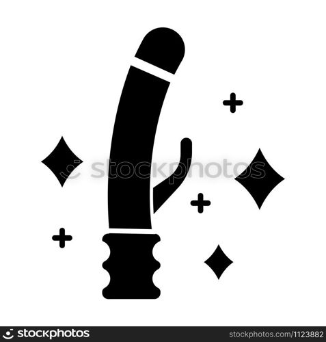 Clean sex toys glyph icon. Safe sex. Intimate hygiene. Sterilized vibrator. Penis for sexual pleasure. Genital infection precaution. Silhouette symbol. Negative space. Vector isolated illustration