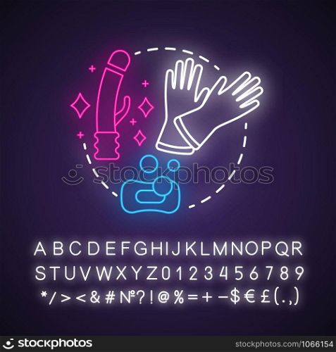 Clean sex toys neon light concept icon. Safe sex. Washed vibrator for sexual pleasure. Healthy erotic play idea. Glowing sign with alphabet, numbers and symbols. Vector isolated illustration