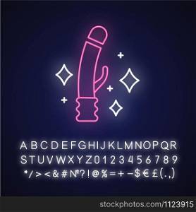 Clean sex toys neon light icon. Safe sex. Female, male intimate hygiene. Sterilized vibrator. Penis for sexual pleasure. Glowing sign with alphabet, numbers and symbols. Vector isolated illustration