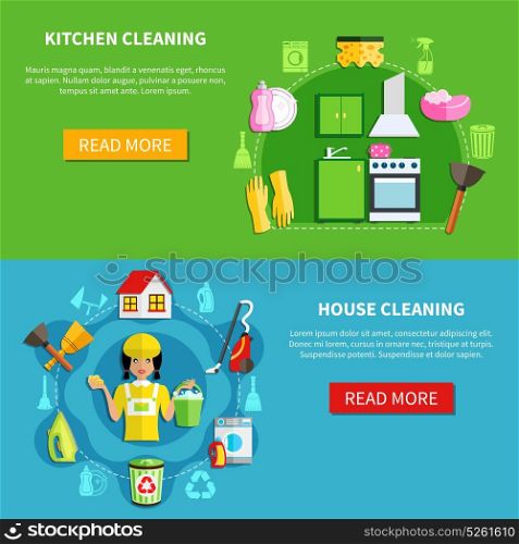 Clean The House Banners. Cleaning horizontal banners set with professional house washing equipment with editable text and read more button vector illustration