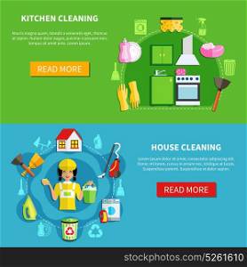 Clean The House Banners. Cleaning horizontal banners set with professional house washing equipment with editable text and read more button vector illustration