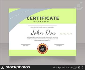 Clean transport certificate design template. Vector diploma with customized copyspace and borders. Printable document for awards and recognition. Kanit, Cabin, Dancing Script Bold, Regular fonts used. Clean transport certificate design template
