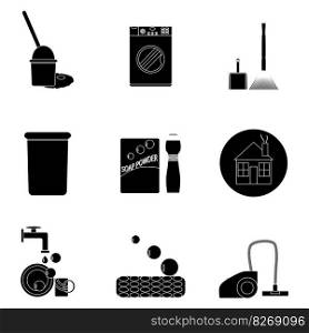 Clean up black set icons. Vacuuming and housework, washing and cleaner. Vector illustration. Clean up black set icons