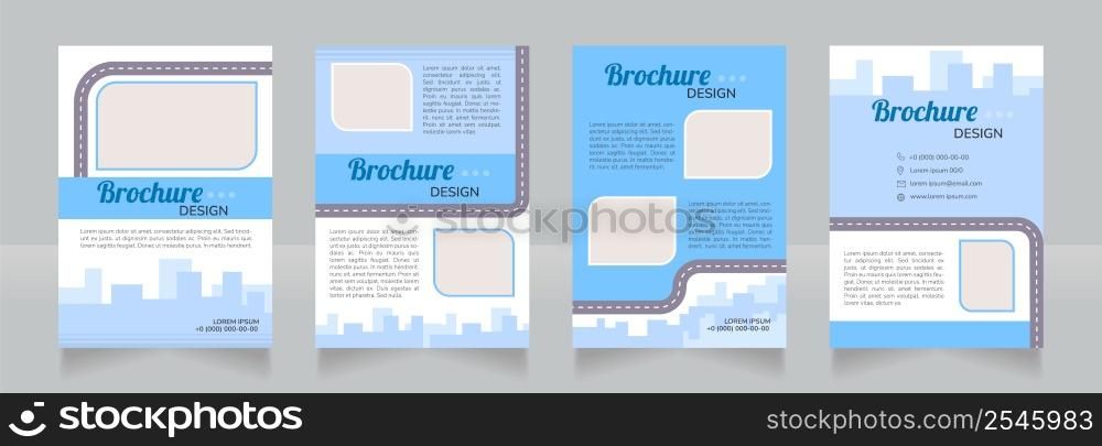 Clean urban transport blue blank brochure design. Template set with copy space for text. Premade corporate reports collection. Editable 4 pages. Lobster Regular, Nunito SemiBold, Light fonts used. Clean urban transport blue blank brochure design