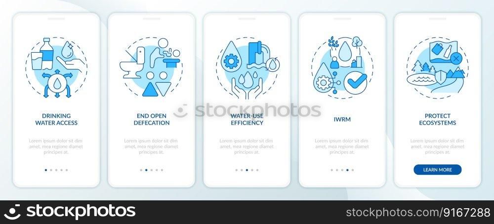 Clean water and sanitation blue onboarding mobile app screen. Walkthrough 5 steps editable graphic instructions with linear concepts. UI, UX, GUI template. Myriad Pro-Bold, Regular fonts used. Clean water and sanitation blue onboarding mobile app screen