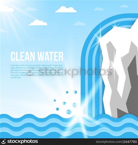 Clean water background with glacier with waterfall and ocean waves flat vector illustration. Water background illustration