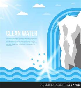 Clean water background with glacier with waterfall and ocean waves flat vector illustration. Water background illustration