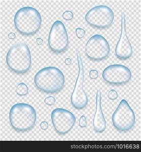 Clean water drops. Reflective liquid fresh splashes of transparent water vector realistic pictures. Transparent drops clean, water liquid illustration. Clean water drops. Reflective liquid fresh splashes of transparent water vector realistic pictures