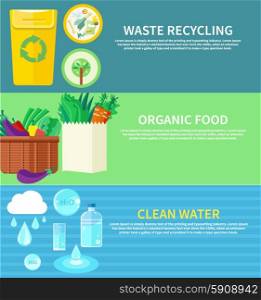 Clean water, organic food and waste recycling. Set of nature and organic icons in flat design, bio and environment concept on banners