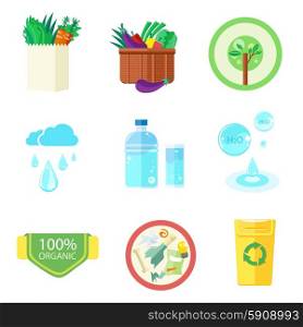 Clean water, organic food and waste recycling. Set of nature and organic icons in flat design, bio and environment concept on banners