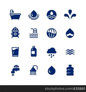 Clean water silhouette vector icons. Aqua pictograms rain and wave, shower and faucet, bathroom and hydrant illustration. Clean water silhouette vector icons. Aqua pictograms