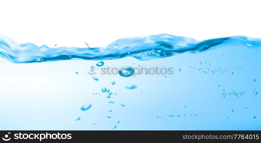 Clean water wave surface with ripple and air bubbles, pure aqua vector background. Blue transparent fresh liquid water wave or drink with drops splash and realistic air bubbles, ocean or sea. Clean water wave, surface ripples and air bubbles