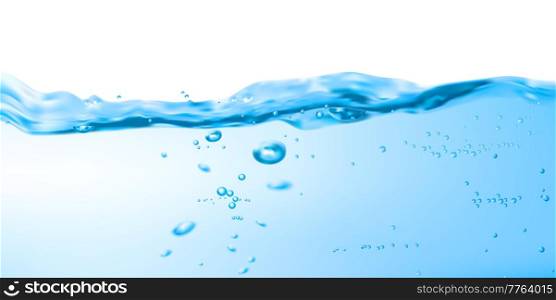 Clean water wave surface with ripple and air bubbles, pure aqua vector background. Blue transparent fresh liquid water wave or drink with drops splash and realistic air bubbles, ocean or sea. Clean water wave, surface ripples and air bubbles