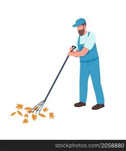 Cleaner collecting leaves with rake semi flat color vector character. Dynamic figure. Full body person on white. Fall isolated modern cartoon style illustration for graphic design and animation. Cleaner collecting leaves with rake semi flat color vector character