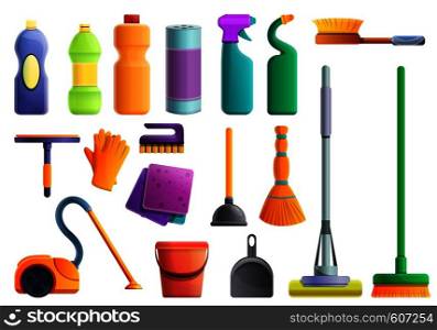 Cleaner equipment icons set. Cartoon set of cleaner equipment vector icons for web design. Cleaner equipment icons set, cartoon style