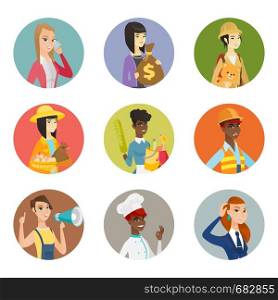 Cleaner holding bucket full of cleaning equipment. Cleaner with cleaning supplies. Set of different professions. Set of vector flat design illustrations in the circle isolated on white background.. Vector set of characters of different professions.