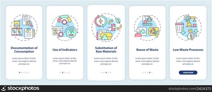Cleaner production options onboarding mobile app screen. Green industry walkthrough 5 steps graphic instructions pages with linear concepts. UI, UX, GUI template. Myriad Pro-Bold, Regular fonts used. Cleaner production options onboarding mobile app screen