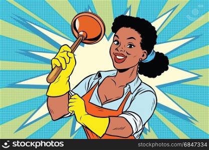 Cleaner with a plunger. African American people. Comic cartoon style pop art retro color picture illustration. Cleaner with a plunger. African American people