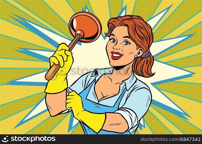 Cleaner with a plunger. Comic cartoon style pop art retro color picture illustration. Cleaner with a plunger