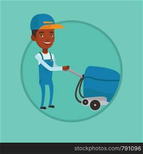 Cleaner with cleaning equipment. Worker cleaning store floor with cleaning machine. Worker of cleaning services in supermarket. Vector flat design illustration in the circle isolated on background.. Male worker cleaning store floor with machine.