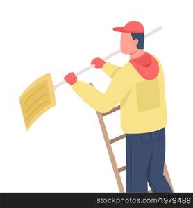 Cleaner with shovel on ladder semi flat color vector character. Posing figure. Full body person on white. Winter season isolated modern cartoon style illustration for graphic design and animation. Cleaner with shovel on ladder semi flat color vector character