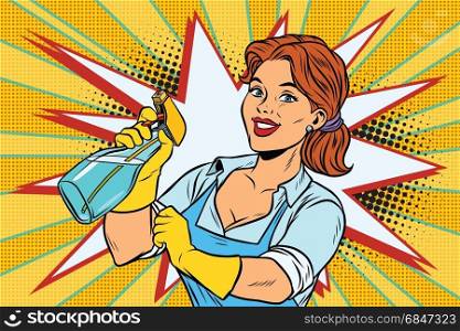 Cleaner with spray head for washing. Comic cartoon style pop art retro color picture illustration. Cleaner with spray head for washing