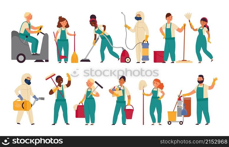 Cleaner workers. Housework girl, cleaning service worker. Cartoon housekeeping, woman holding mop. Smiling male female staff vector. Housework domestic, housekeeping worker, occupation professional. Cleaner workers. Housework girl, cleaning service worker. Cartoon housekeeping, woman holding mop. Smiling male female staff decent vector set