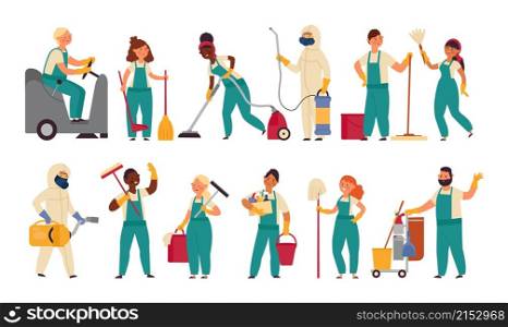 Cleaner workers. Housework girl, cleaning service worker. Cartoon housekeeping, woman holding mop. Smiling male female staff vector. Housework domestic, housekeeping worker, occupation professional. Cleaner workers. Housework girl, cleaning service worker. Cartoon housekeeping, woman holding mop. Smiling male female staff decent vector set