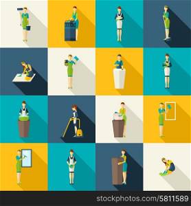 Cleaners Color Flat Icons Set. Cleaners in work with tools and equipment color with shadows flat icons set isolated vector illustration