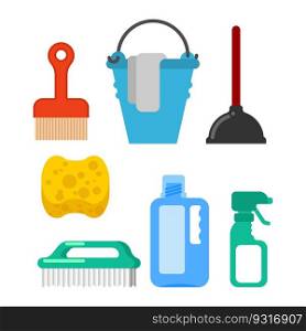Cleaning Accessory. washing brush and plunger. bucket and floorcloth. Sponge and sprayer. Cleaner tools 