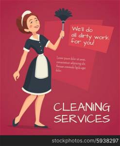 Cleaning Advertisement Illustration . Cleaning service advertisement with cleaning woman in classic maid dress cartoon vector illustration