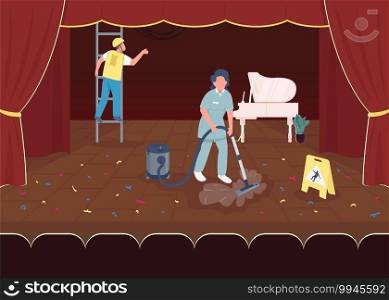 Cleaning after big concert flat color vector illustration. Getting rid of all garbage after live theatre perfomance. Cleaning company workers 2D cartoon characters with opera house on background. Cleaning after big concert flat color vector illustration
