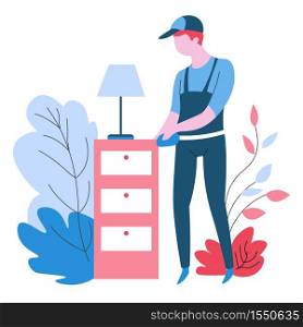 Cleaning agency service dust wiping isolated abstract icon vector housework and housekeeping furniture washing plant leaves dirt removal bedside table and lamp man in uniform dusting with duster cloth. Dust wiping cleaning service isolated abstract icon