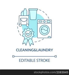 Cleaning and laundry turquoise concept icon. Real estate management in hotels abstract idea thin line illustration. Isolated outline drawing. Editable stroke. Roboto-Medium, Myriad Pro-Bold fonts used. Cleaning and laundry turquoise concept icon