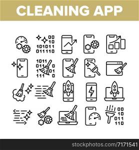 Cleaning Application Collection Icons Set Vector. Binary Code And Rocket On Screen, Mechanism Gear And Broom Cleaning App Concept Linear Pictograms. Monochrome Contour Illustrations. Cleaning Application Collection Icons Set Vector