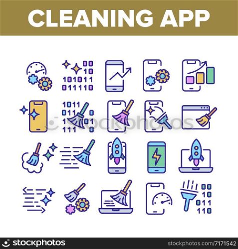 Cleaning Application Collection Icons Set Vector. Binary Code And Rocket On Screen, Mechanism Gear And Broom Cleaning App Concept Linear Pictograms. Color Contour Illustrations. Cleaning Application Collection Icons Set Vector