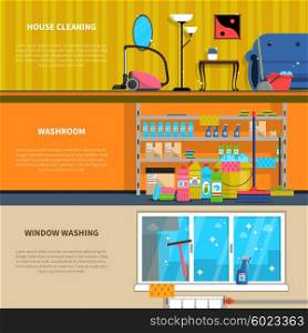Cleaning Banners Set . Cleaning horizontal banners set with house cleaning and window washing symbols flat isolated vector illustration