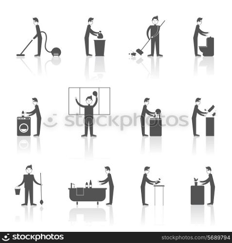 Cleaning black icons set with people figures and housekeeping equipment isolated vector illustration