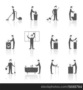 Cleaning black icons set with people figures and housekeeping equipment isolated vector illustration