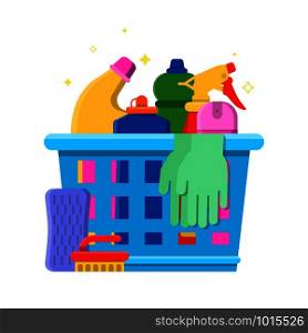 Cleaning bottles basket. Detergent laundry service chemical items freshener tools vector flat picture. Illustration of basket with chemical bottle, detergent and disinfectant spray. Cleaning bottles basket. Detergent laundry service chemical items freshener tools vector flat picture