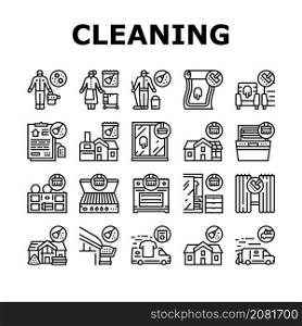 Cleaning Building And Equipment Icons Set Vector. Regular Cleaning Apartment And House Room, Bbq And Grill Kitchen Tool, Clean Carpet And Curtains With Appliance Black Contour Illustrations. Cleaning Building And Equipment Icons Set Vector