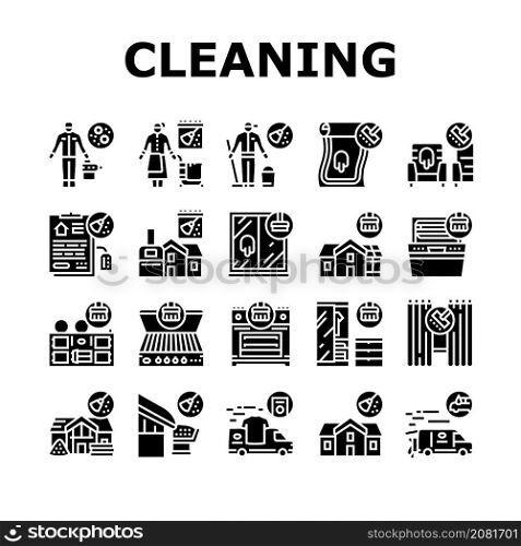 Cleaning Building And Equipment Icons Set Vector. Regular Cleaning Apartment And House Room, Bbq And Grill Kitchen Tool, Clean Carpet And Curtains With Appliance Glyph Pictograms Black Illustrations. Cleaning Building And Equipment Icons Set Vector