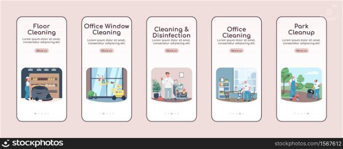 Cleaning business onboarding mobile app screen flat vector template. Janitorial services walkthrough website steps with characters. UX, UI, GUI smartphone cartoon interface, case prints set. Cleaning business onboarding mobile app screen flat vector templates