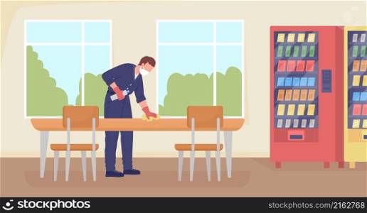 Cleaning cafeteria flat color vector illustration. Disinfecting desk and tables for lunch. Cleanup work. Cleaner in uniform 2D cartoon character with school hallway interior on background. Cleaning cafeteria flat color vector illustration