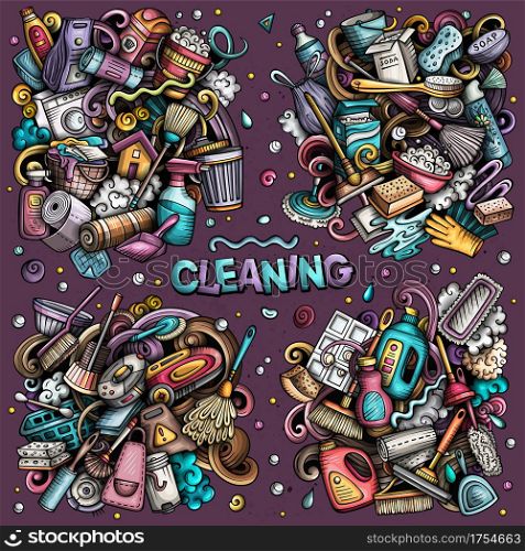 Cleaning cartoon vector doodle designs set. Colorful detailed compositions with lot of clean up objects and symbols. All items are separate. Cleaning cartoon vector doodle designs set.